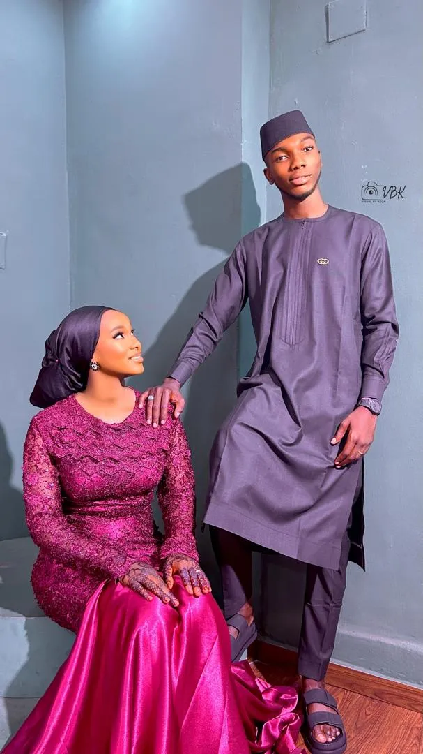 Couple portrait in magenta and grey
